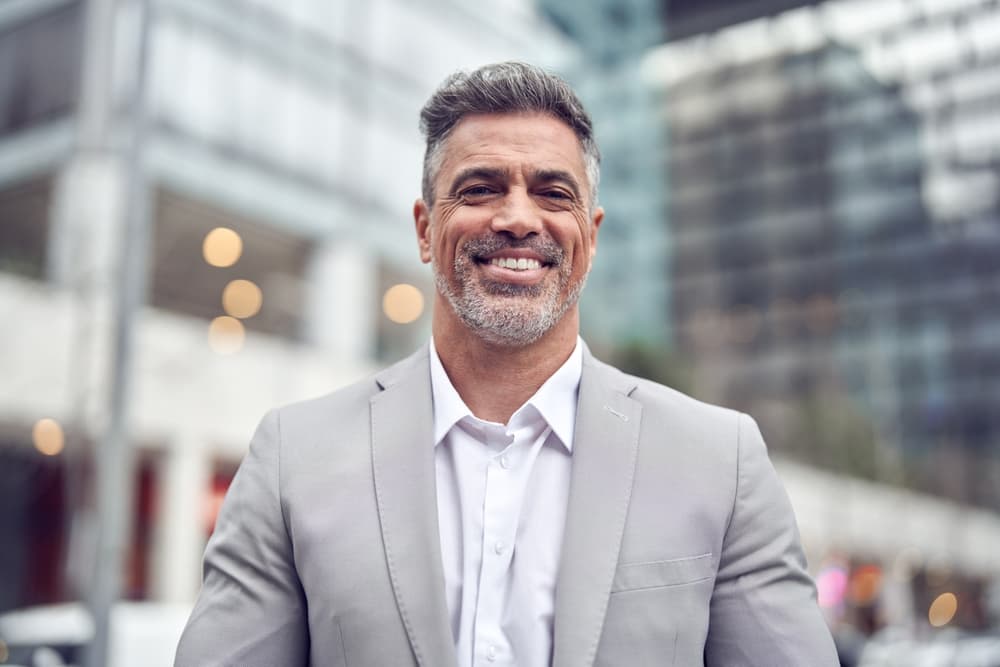 Headshot with city background