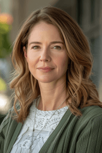 headshot of woman in green sweater