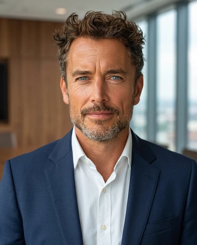 Man wearing navy tailoring in a refined office setting — Boardroom AI-generated example