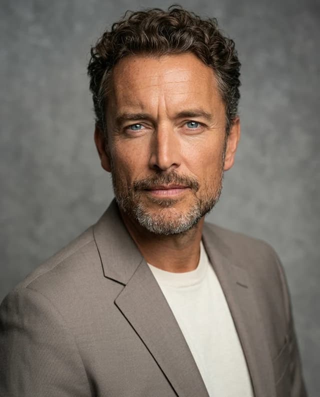 Man wearing taupe tailoring in a textured backdrop setting — Editorial AI-generated example