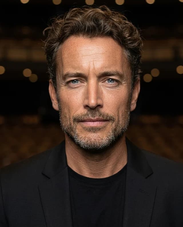 Man wearing black on black in a auditorium lights setting — Keynote AI-generated example