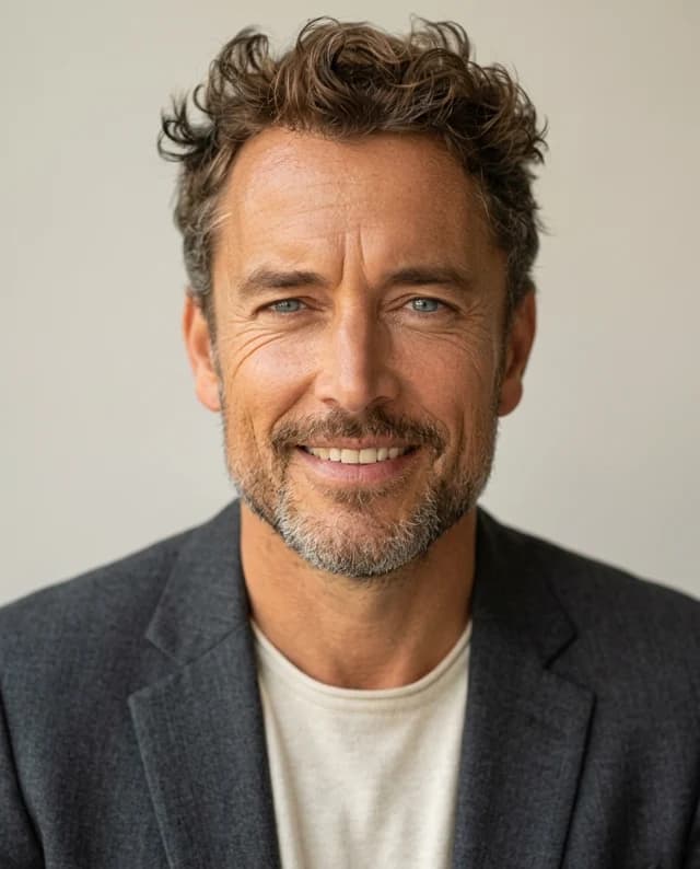 Man wearing modern blazer in a warm studio setting — LinkedIn AI-generated example